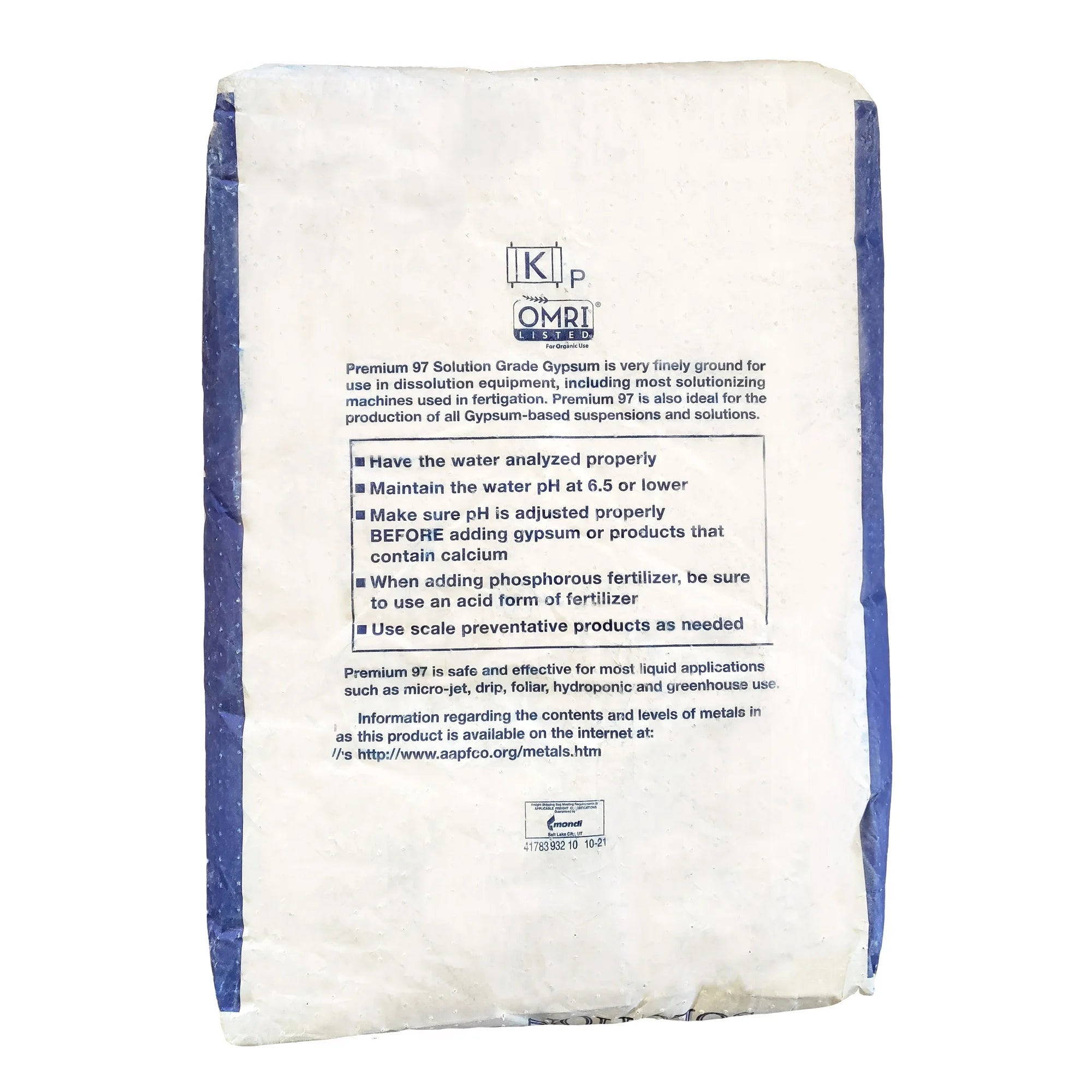 Back of bag instructions for Premium 97 Solution-Grade Gypsum